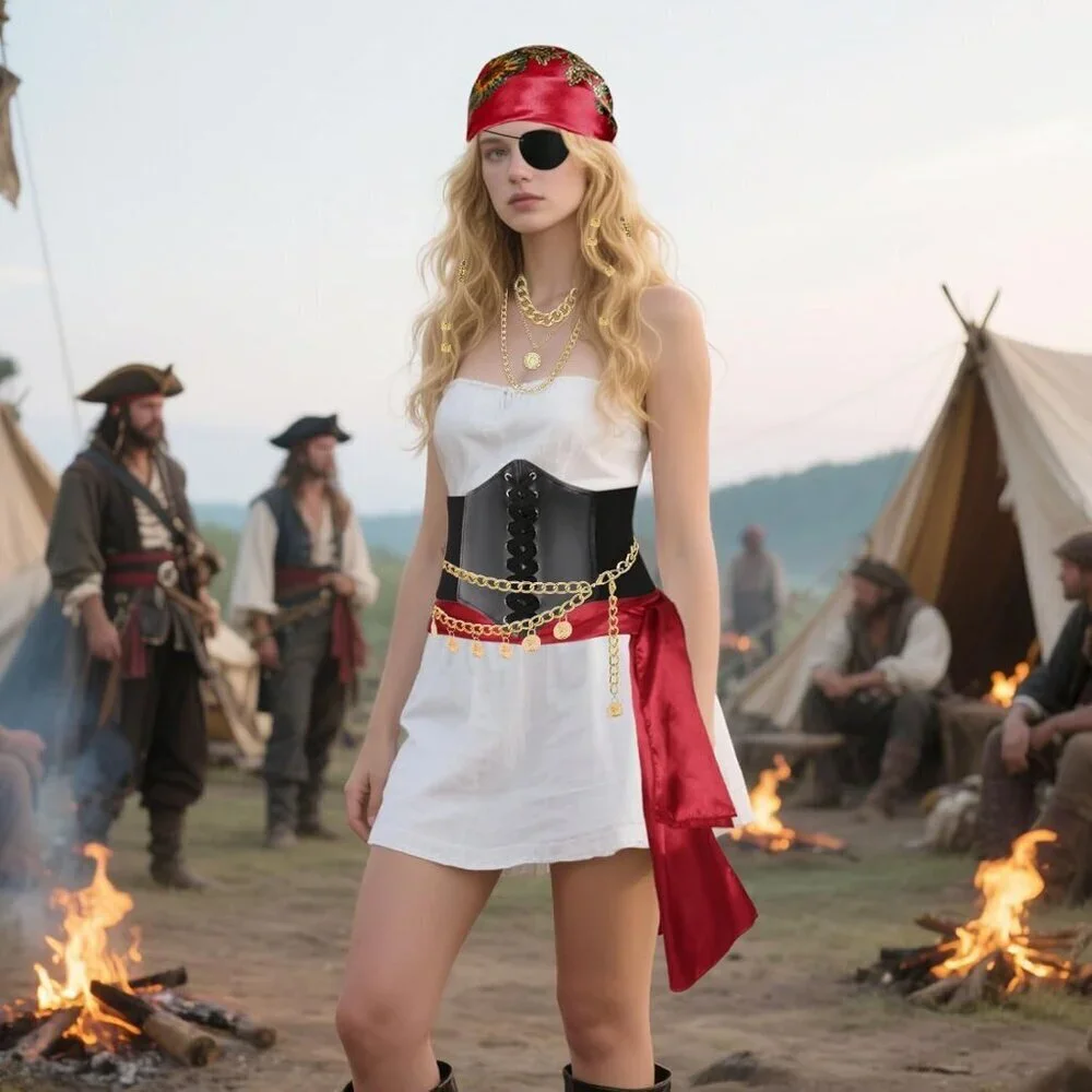 Pirate Costume Accessories Set Women 8 Pcs Headscarf Chain Sash Necklace Belt